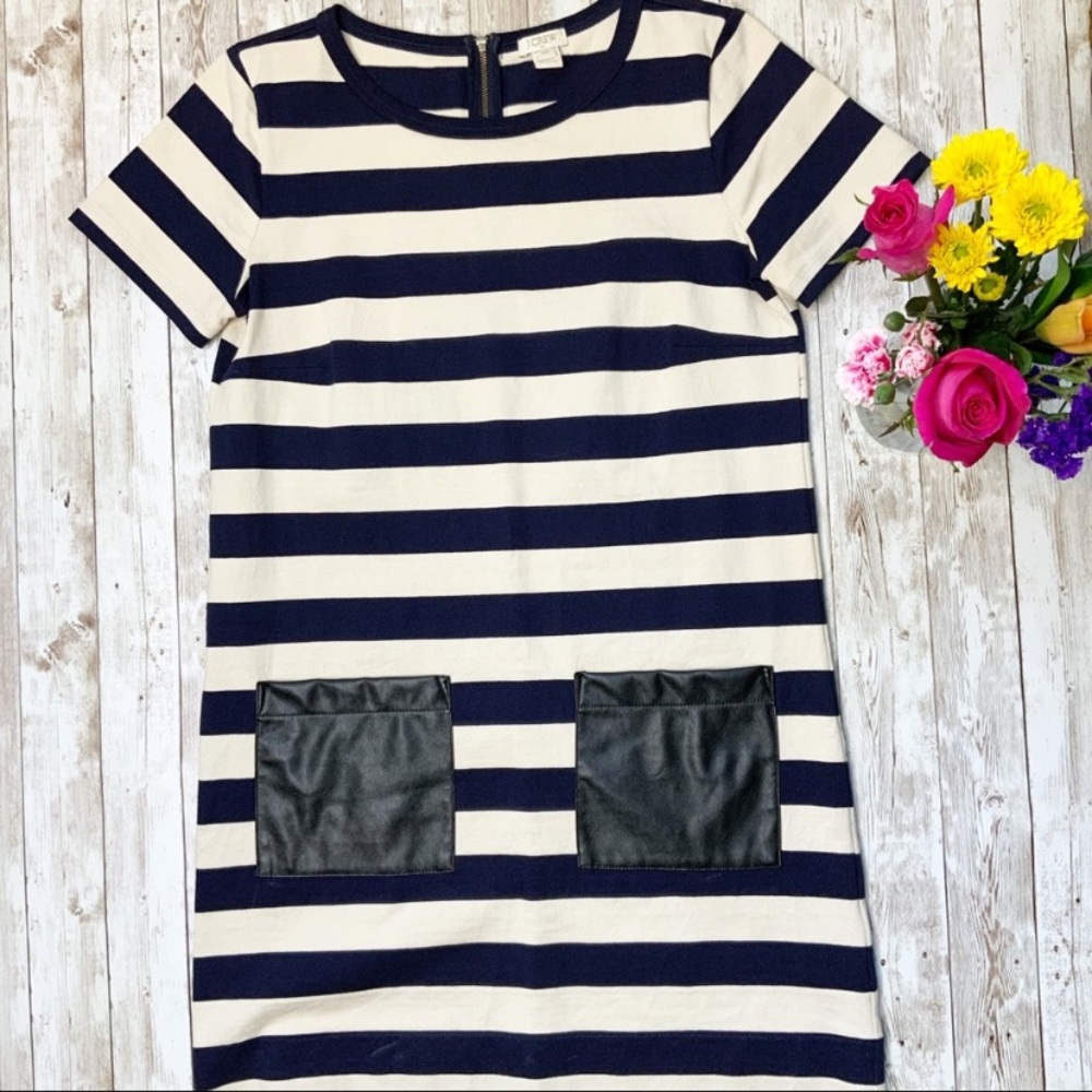 J. Crew faux leather pocket blue striped dress!